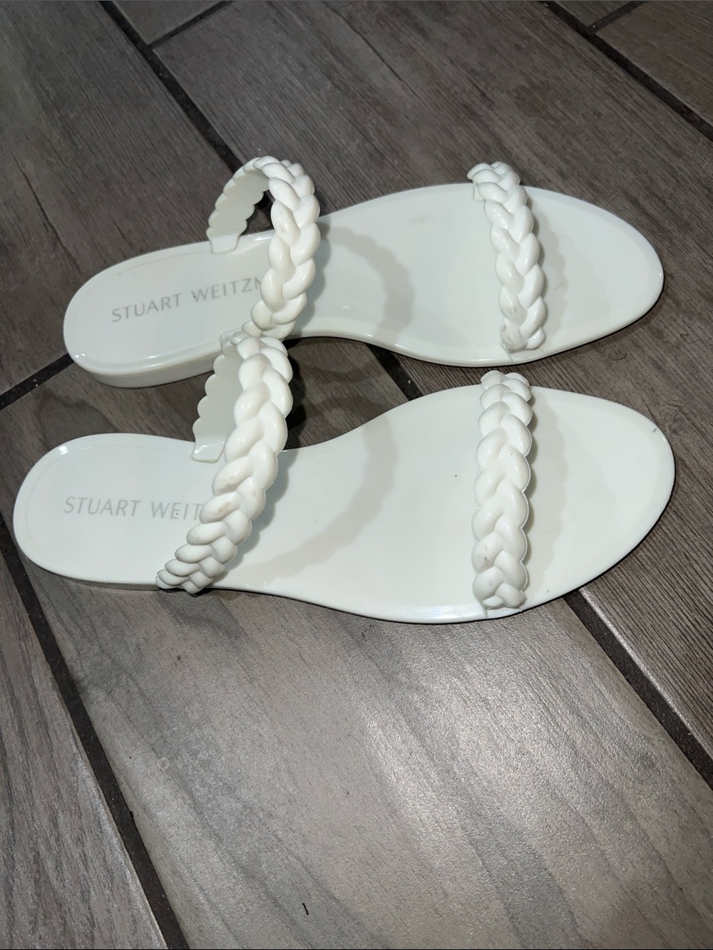 Stuart Weitzman Braided Double-Strap White Slide Sandals